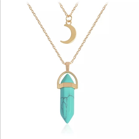 Two Strand Gold Moon Turquoise Stone Necklace Gem - Picture 3 of 3